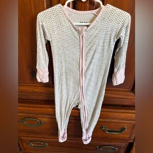 Kids One Piece white and black polka dot with pink trim